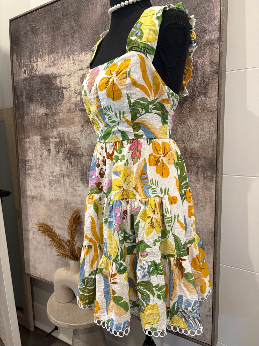 Aqua 100 % Cotton Water color mini Yellow, Green & Blue Floral Tiered Sundress - Picture 2 of 5